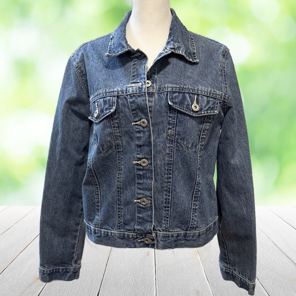 Vintage Y2K FADED GLORY Denim Trucker Jacket Cropped Blue Mid Wash Womens S